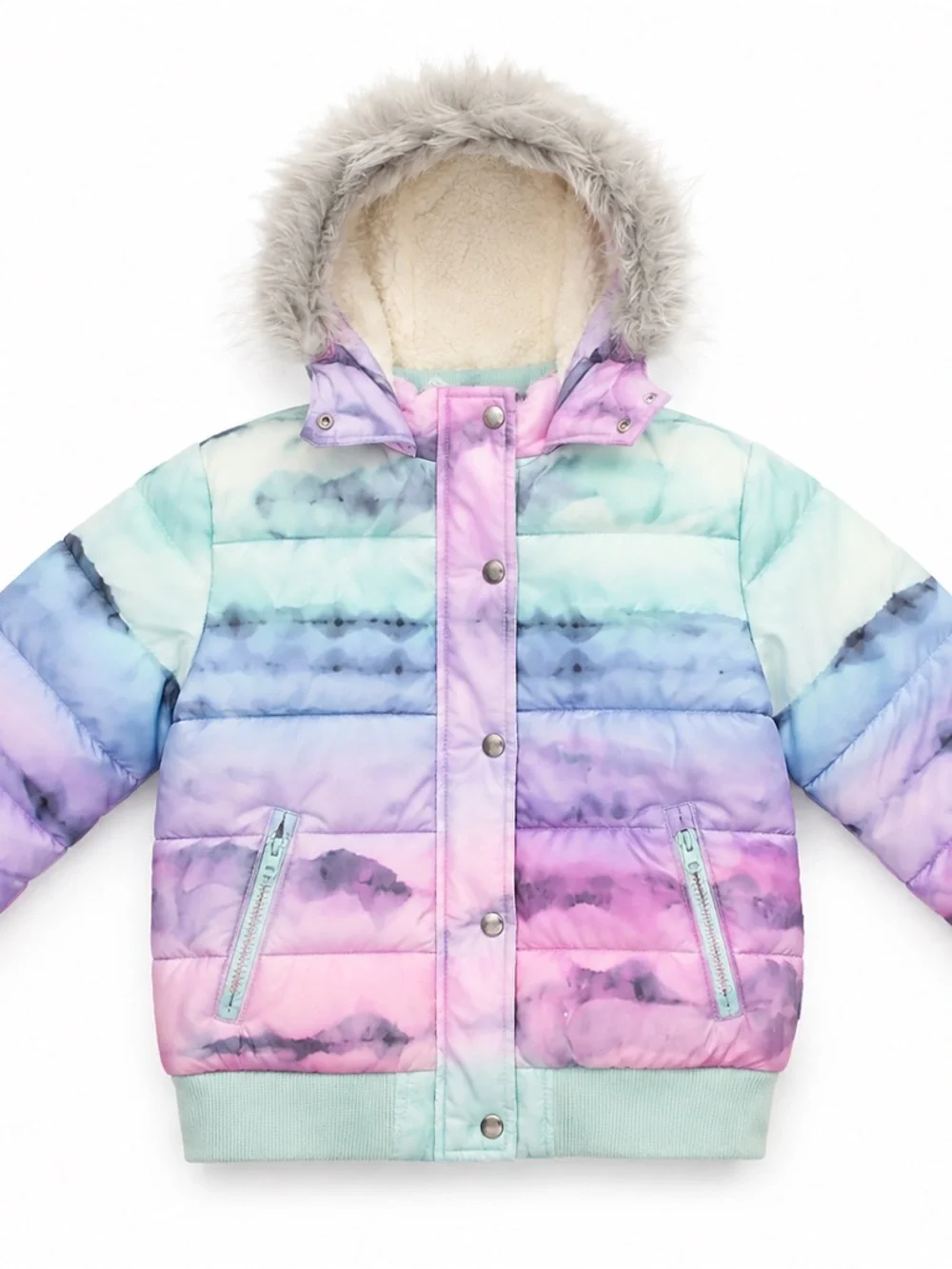 Justice Pastel Ombre Puffer Jacket with Faux Fur Hood